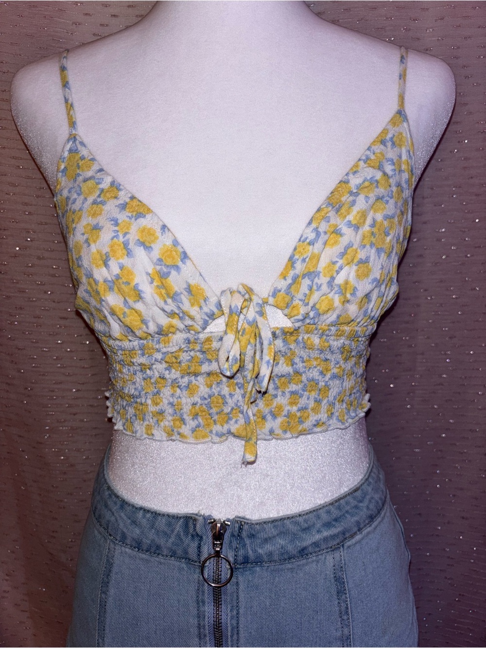 Garage Yellow Floral Smocked Cropped Cami
